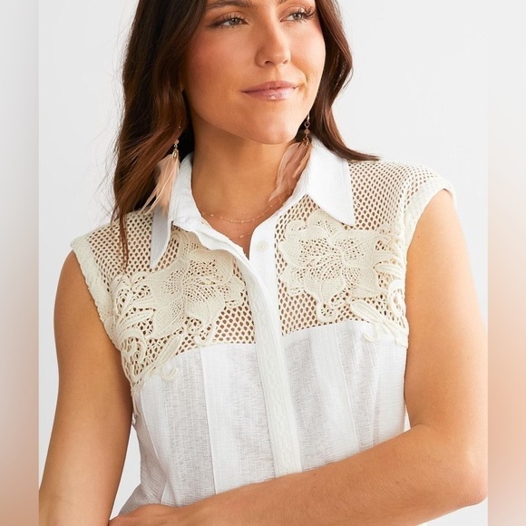 Gimmicks White Cream Pieced Crochet Tank Top Western Casual Classic Large Buckle - Picture 5 of 10